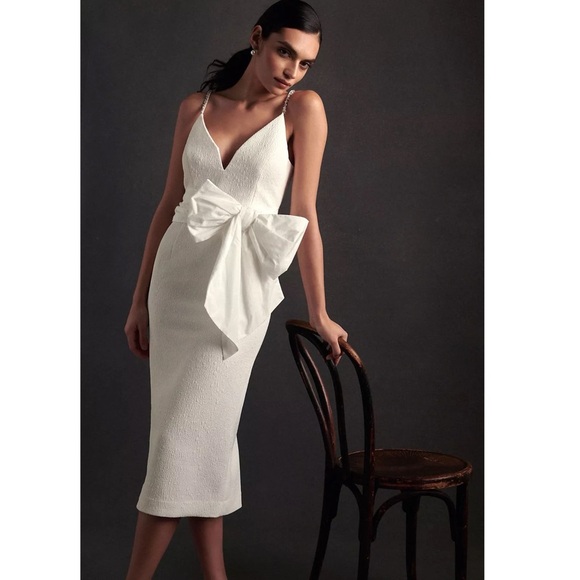 ANTHROPOLOGIE REBECCA VALLANCE GENEVIEVE BRIDAL BOW V-NECK SHEATH MIDI DRESS - Picture 1 of 17